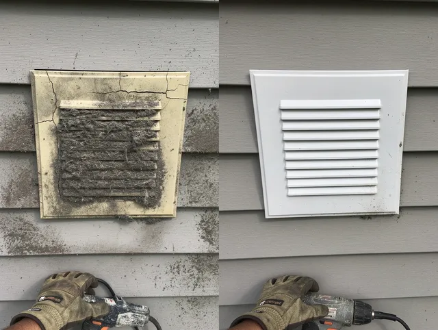 Downey Dryer Vent Cleaning technician installing high-quality dryer vent cover at a residential property in Downey