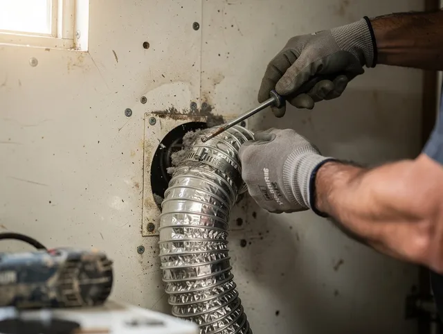 Downey Dryer Vent Cleaning technician performing precise dryer vent hose installation in Downey